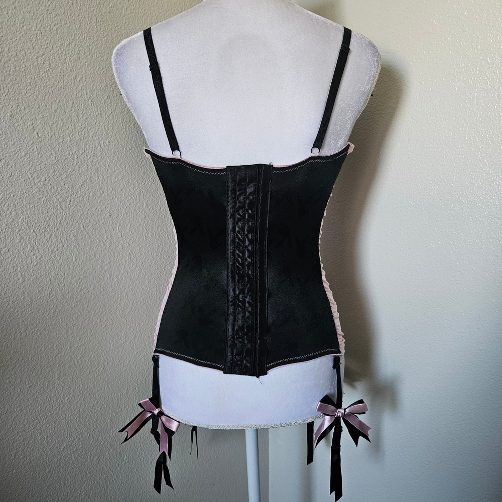 Vintage Playboy Hot Topic Pink Black Satin Ruched Garter Bustier 36D - Picture 3 of 9